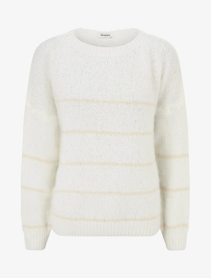 Pull en laine mélangée à col rond et rayures - Blanc - 1