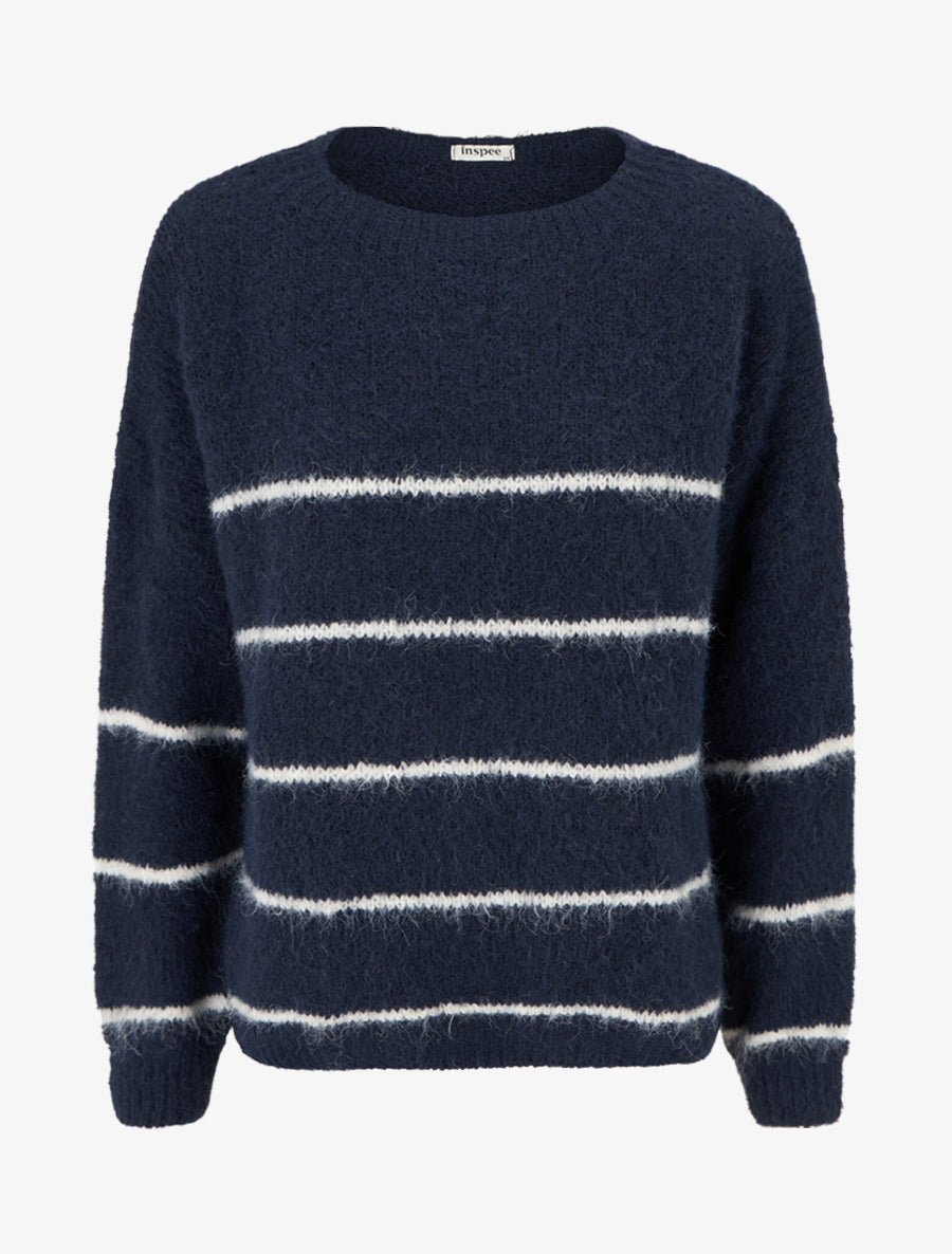Pull en laine mélangée à col rond et rayures - Marine - 1