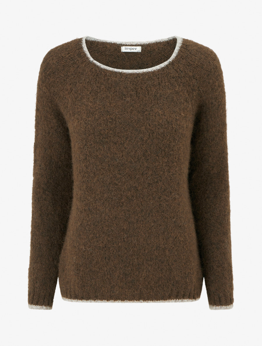 Pull en laine mélangée à liseré contrastant - Marron - 1