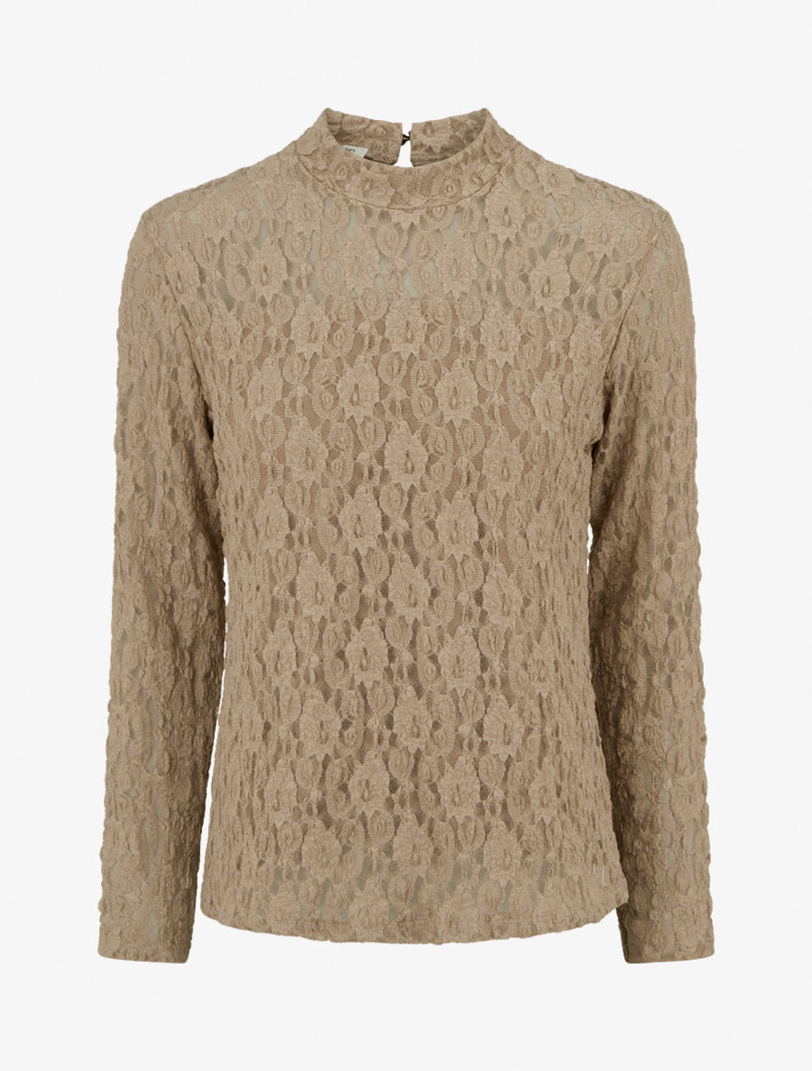 Top en dentelle à manches longues - Beige - 1