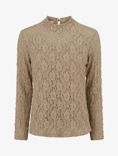 Top en dentelle à manches longues - Beige - 1