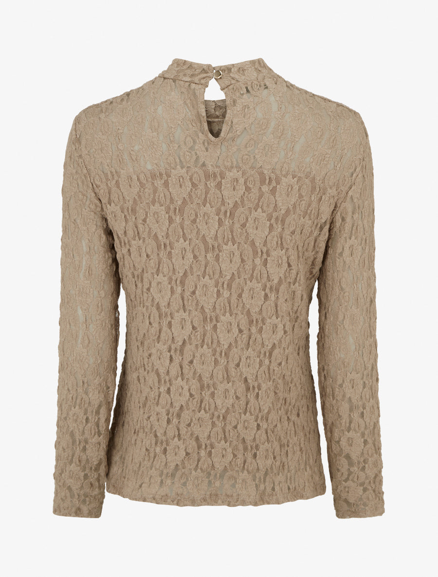 Top en dentelle à manches longues - Beige - 2