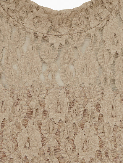 Top en dentelle à manches longues - Beige - 3