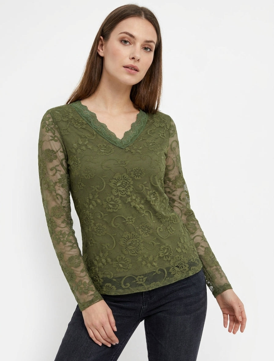 Top de encaje con cuello en V - Caqui