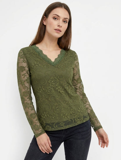 Top de encaje con cuello en V - Caqui