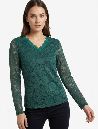 Top de encaje con cuello en V - Verde abeto