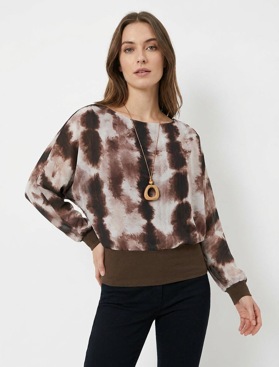 Top estampado acuarela de manga larga murciélago - Marrón