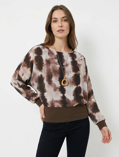 Top estampado acuarela de manga larga murciélago - Marrón