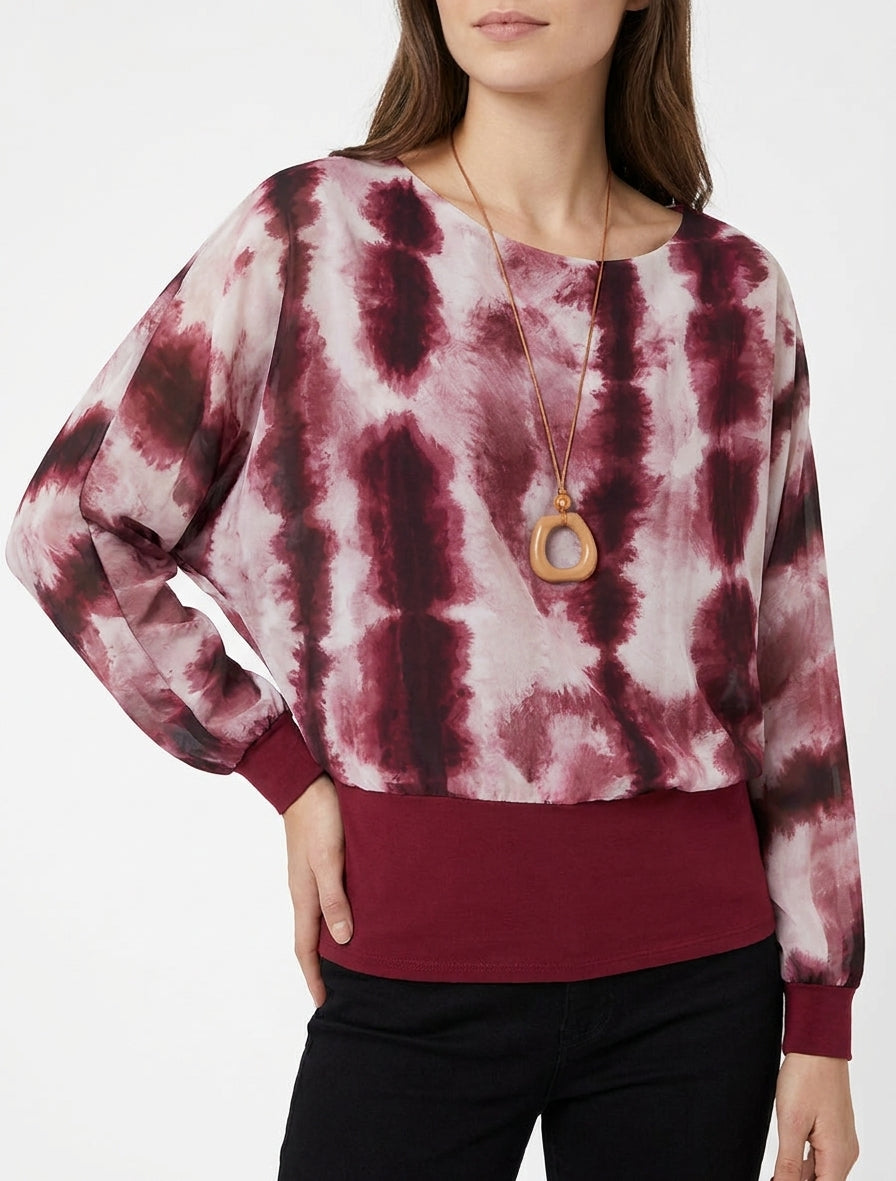 Top estampado acuarela de manga larga murciélago - Color vino