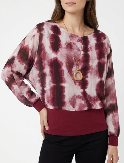 Top estampado acuarela de manga larga murciélago - Color vino
