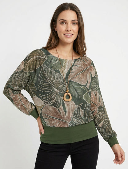 Top irisado con estampado tropical y mangas murciélago - Caqui