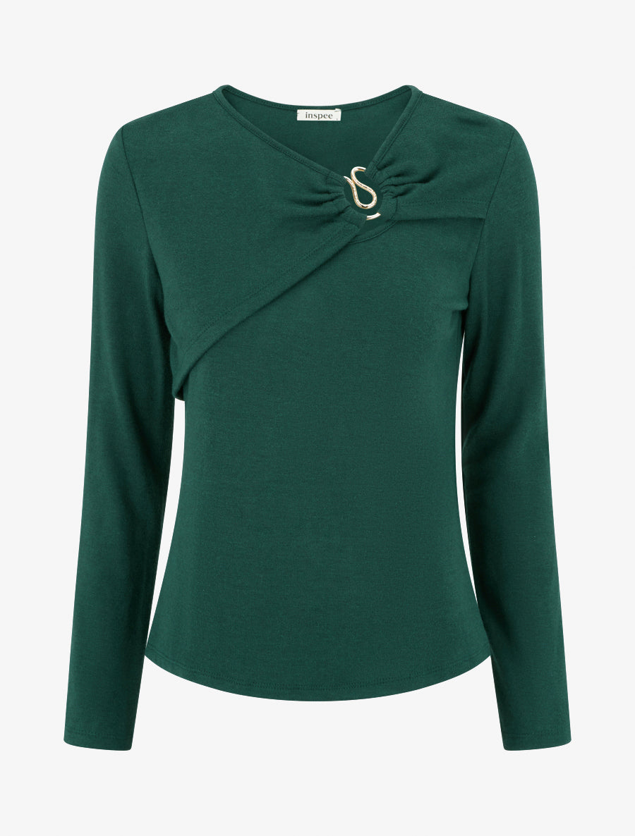 Pull fin et droit col rond froncé avec bijou - Vert foncé - 1