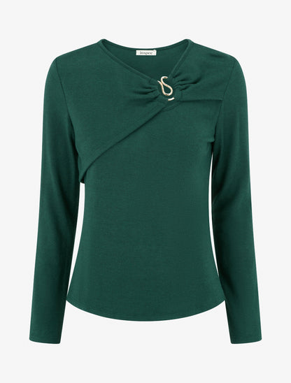 Pull fin et droit col rond froncé avec bijou - Vert foncé - 1