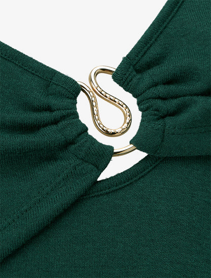 Pull fin et droit col rond froncé avec bijou - Vert foncé - 3