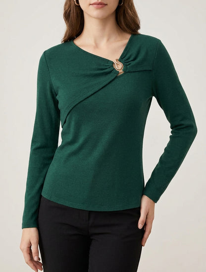 Jersey fino y recto con cuello redondo fruncido con joya. - Verde oscuro