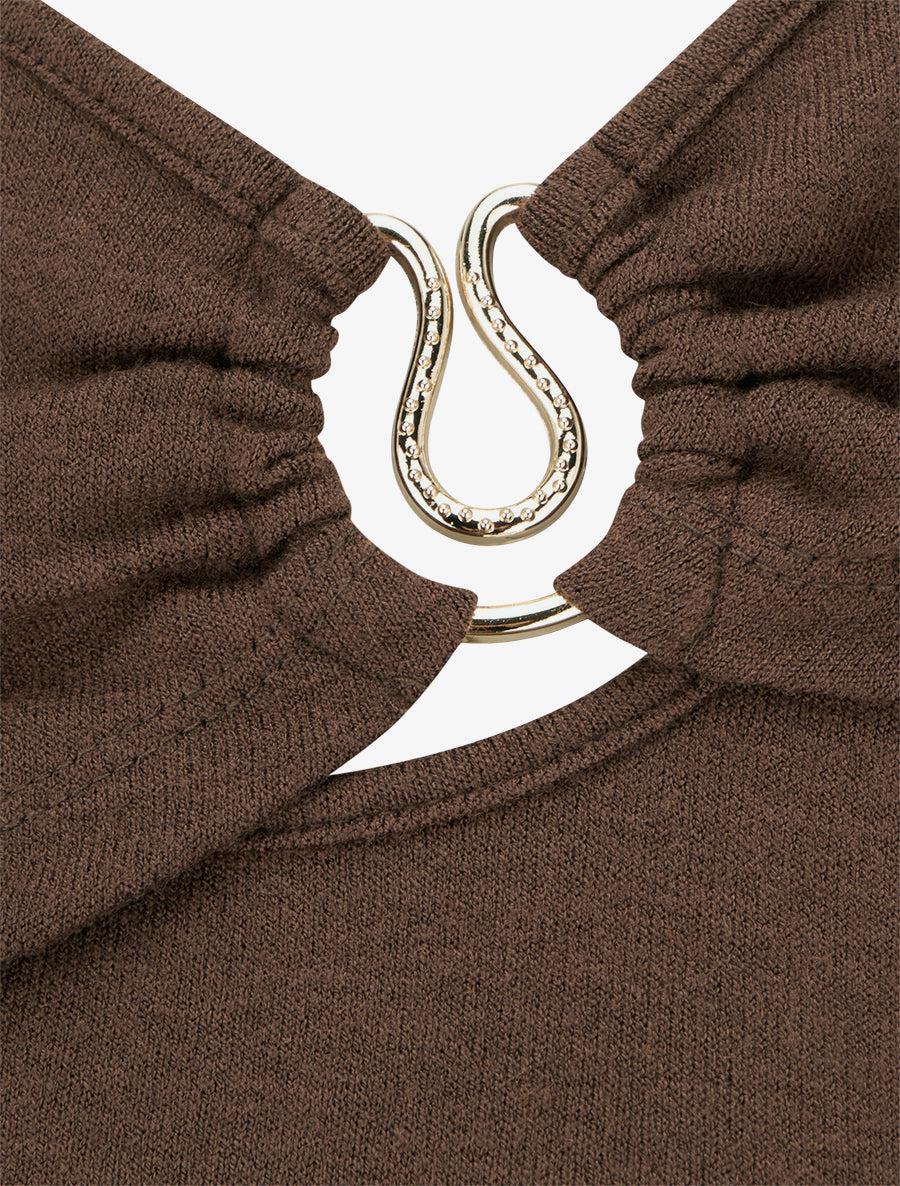 Pull fin et droit col rond froncé avec bijou - Marron - 3