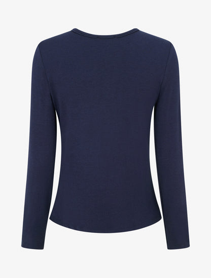 Pull fin et droit col rond froncé avec bijou - Marine - 2