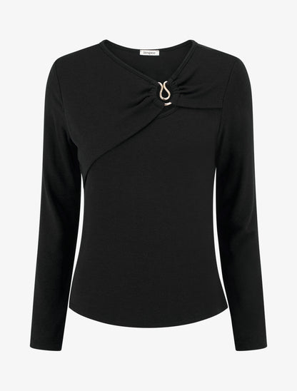 Pull fin et droit col rond froncé avec bijou - Noir - 1