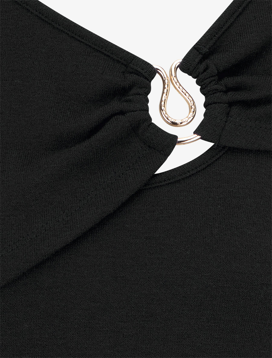 Pull fin et droit col rond froncé avec bijou - Noir - 3