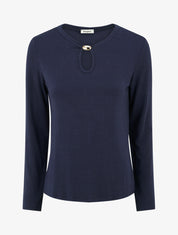 Pull droit à col rond avec ouverture goutte et bijou - Marine - 1