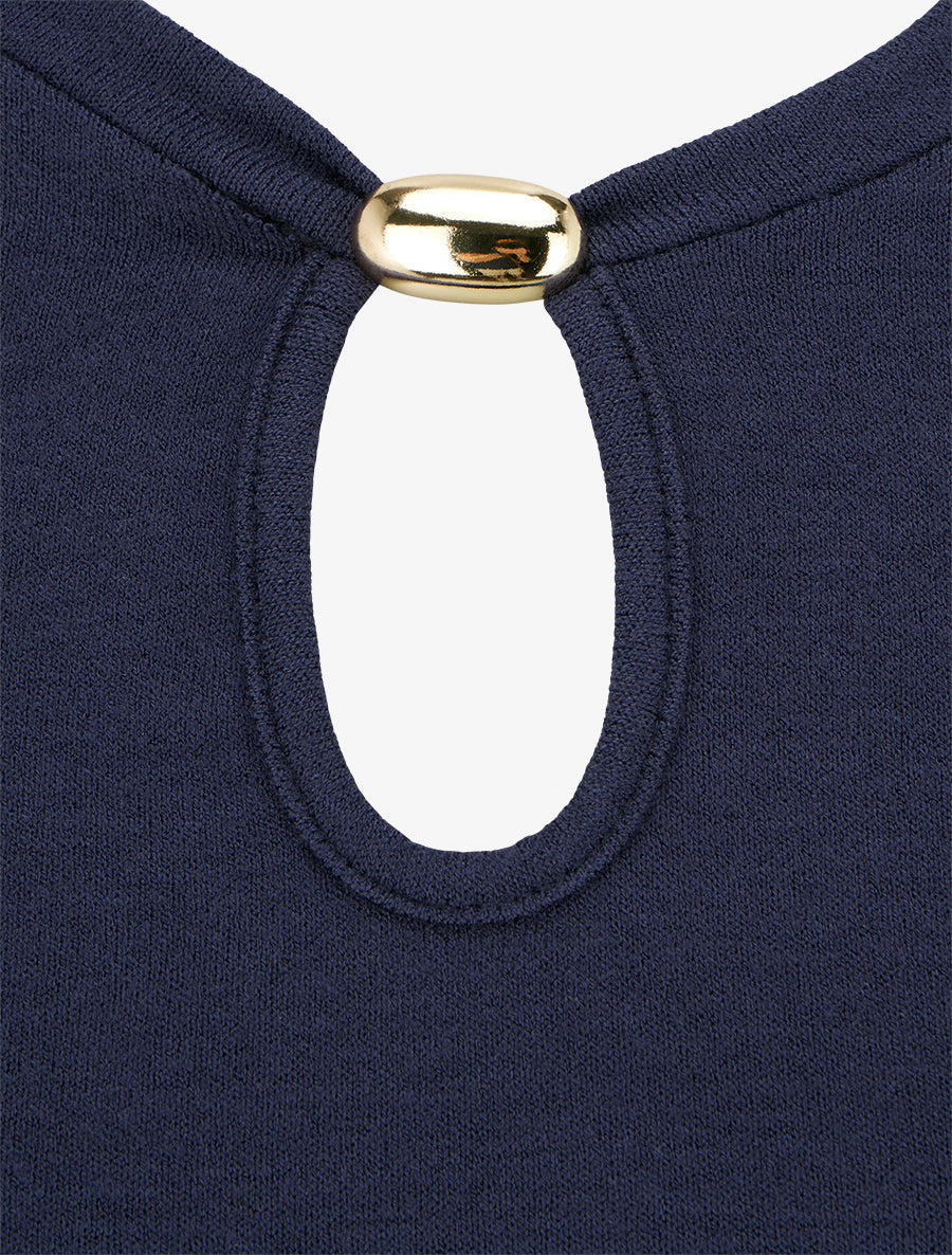 Pull droit à col rond avec ouverture goutte et bijou - Marine - 3