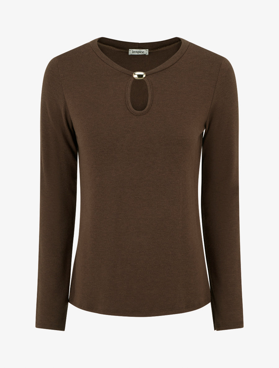 Pull droit à col rond avec ouverture goutte et bijou - Marron - 1