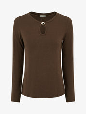 Pull droit à col rond avec ouverture goutte et bijou - Marron - 1