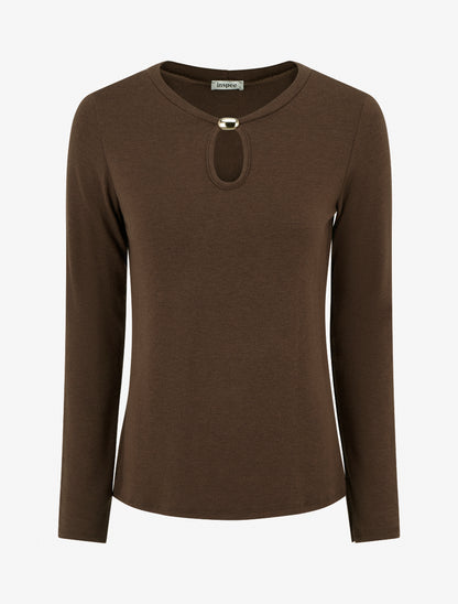 Pull droit à col rond avec ouverture goutte et bijou - Marron - 1