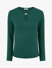 Pull droit à col rond avec ouverture goutte et bijou - Vert foncé - 1