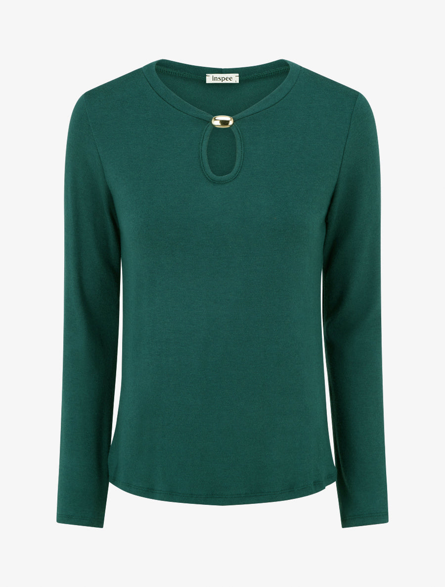 Pull droit à col rond avec ouverture goutte et bijou - Vert foncé - 1