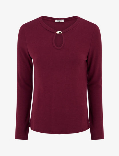 Pull droit à col rond avec ouverture goutte et bijou - Bordeaux - 1