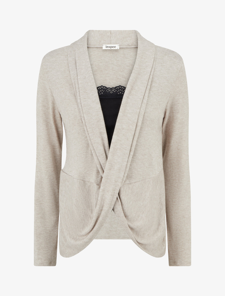 Pull style gilet effet torsader avec doublure à dentelle - Taupe/noir - 1