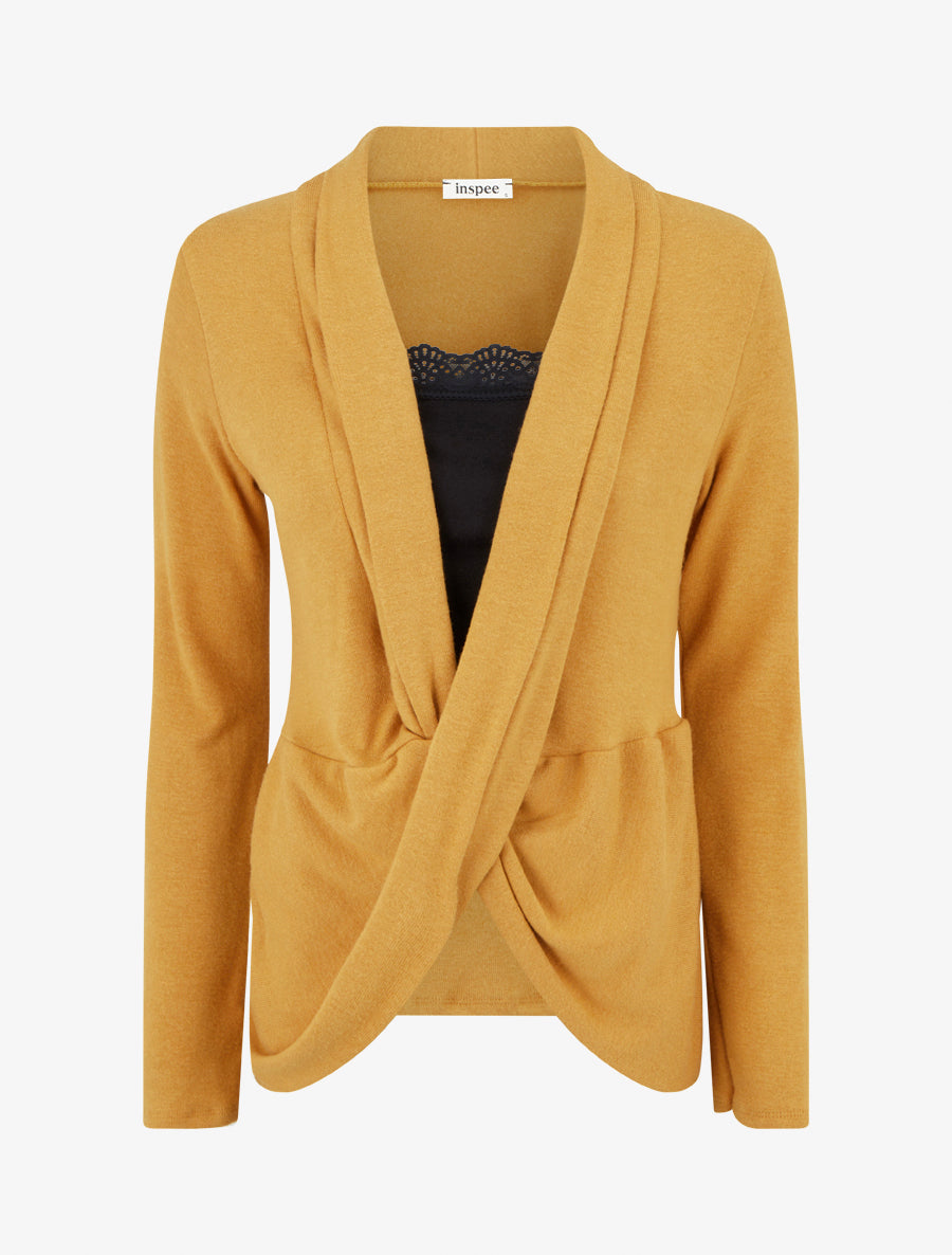Pull style gilet effet torsader avec doublure à dentelle - Moutarde/noir - 1