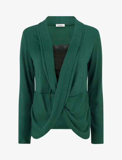 Pull style gilet effet torsader avec doublure à dentelle - Vert foncé/noir - 1