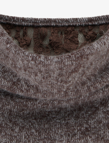 Pull duveteux à col bénitier à empiècement dentelle - Marron - 3