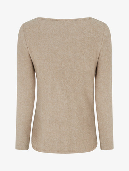 Pull duveteux à col bénitier à empiècement dentelle - Beige - 2