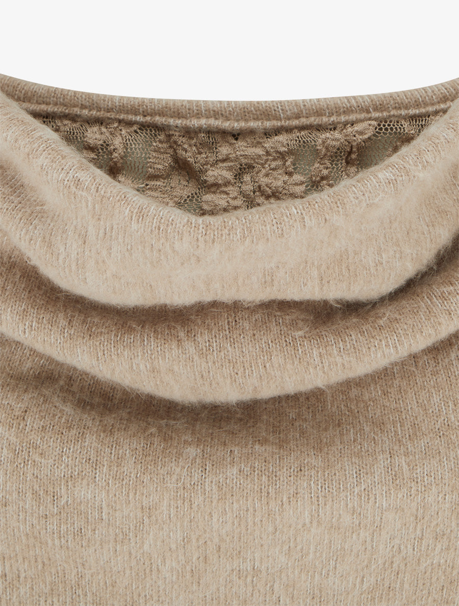 Pull duveteux à col bénitier à empiècement dentelle - Beige - 3