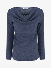 Pull duveteux à col bénitier à empiècement dentelle - Bleu - 1
