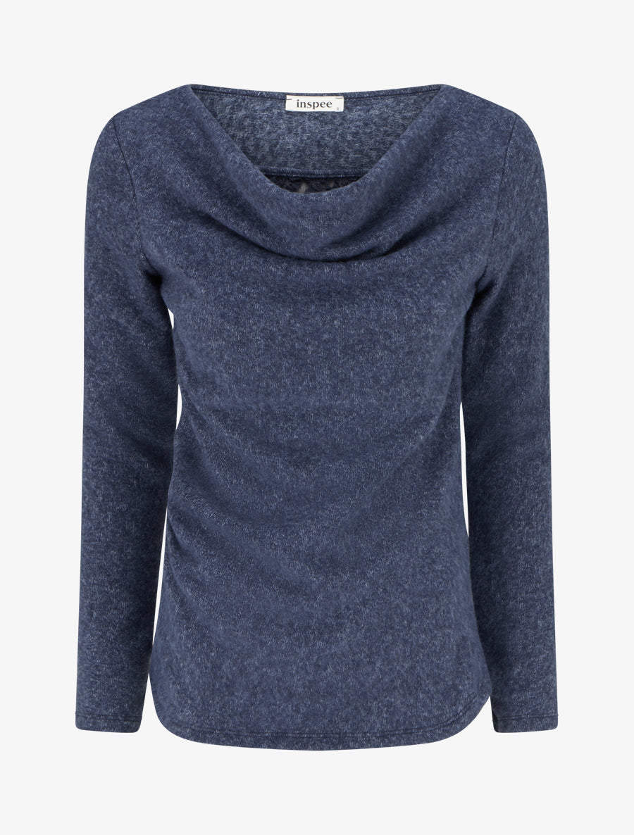 Pull duveteux à col bénitier à empiècement dentelle - Bleu - 1