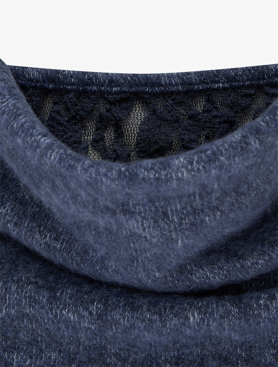 Pull duveteux à col bénitier à empiècement dentelle - Bleu - 3