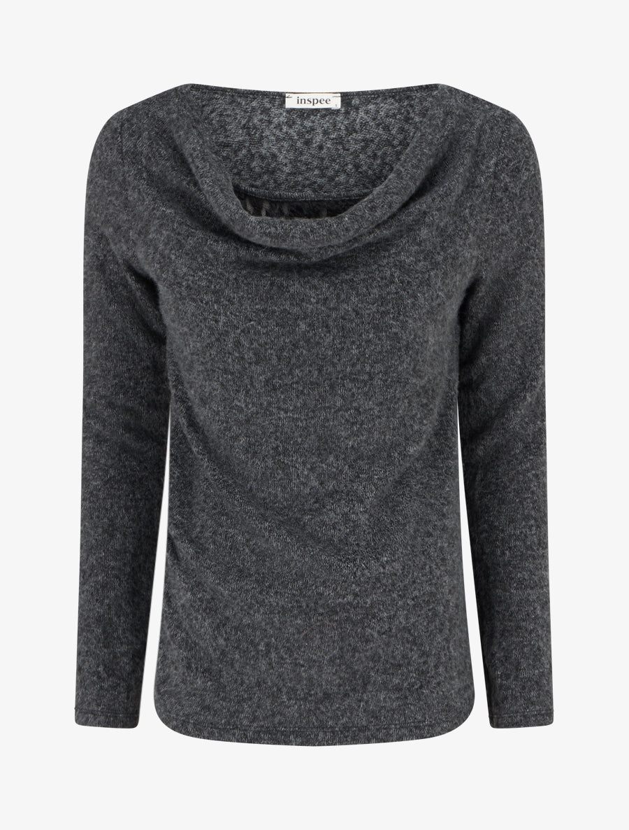 Pull duveteux à col bénitier à empiècement dentelle - Gris foncé - 1