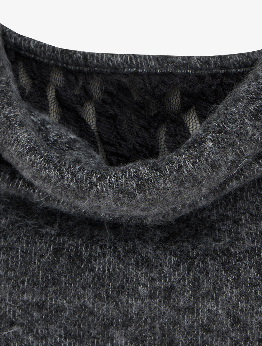 Pull duveteux à col bénitier à empiècement dentelle - Gris foncé - 3
