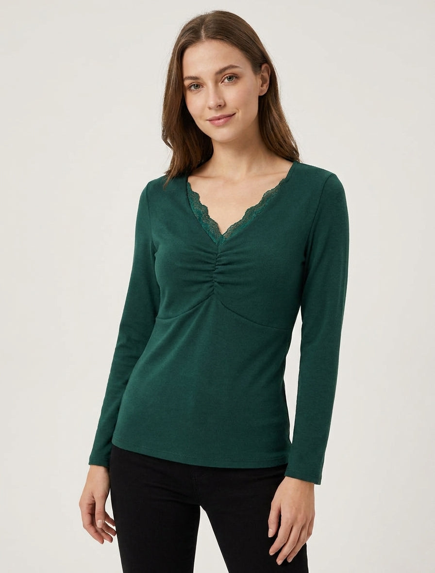 Suéter fino con cuello en V de encaje - Verde oscuro