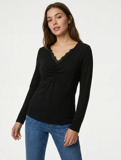 Suéter fino con cuello en V de encaje - Negro