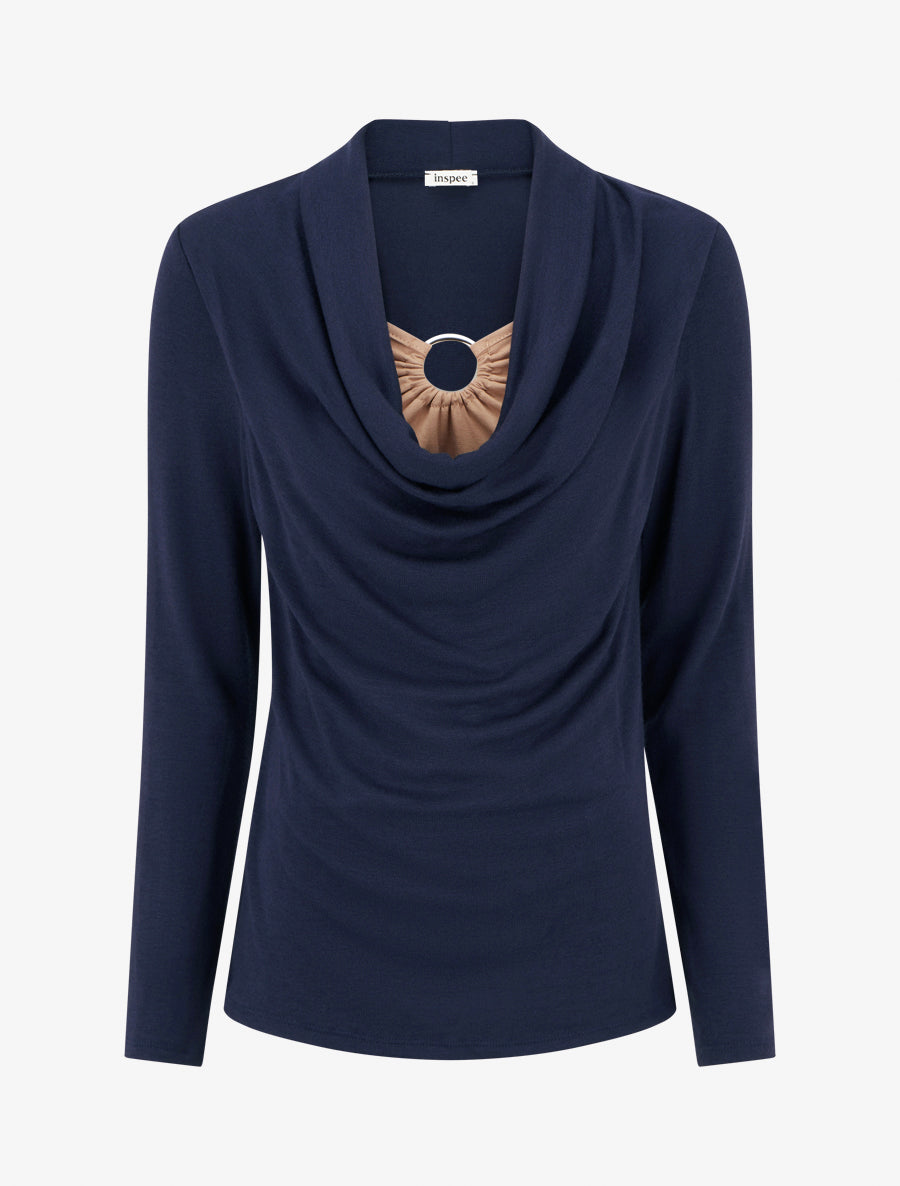 Pull droit effet doublé à col bénitier et bijou - Marine/beige - 1