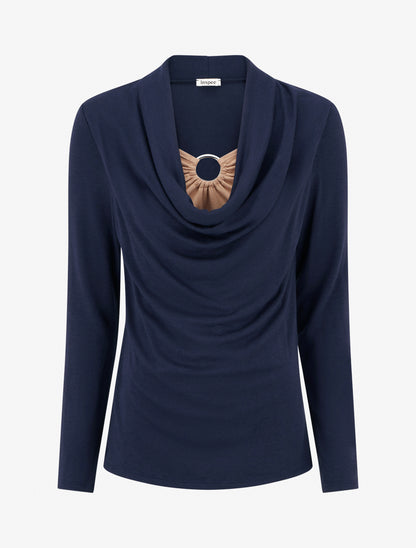 Pull droit effet doublé à col bénitier et bijou - Marine/beige - 1