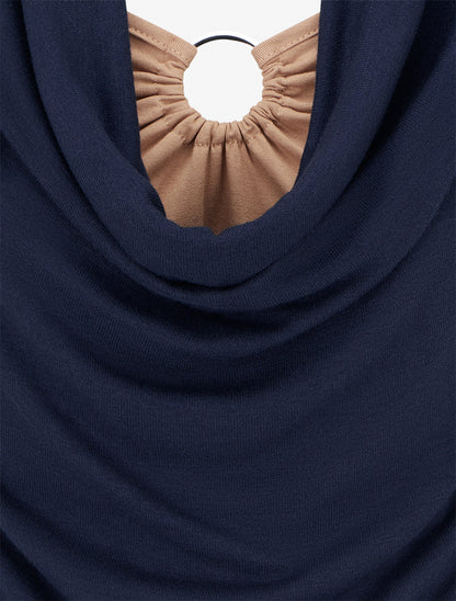 Pull droit effet doublé à col bénitier et bijou - Marine/beige - 3