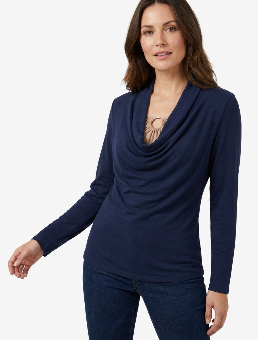 Jersey recto efecto doble con cuello drapeado y joya - Marino/beige