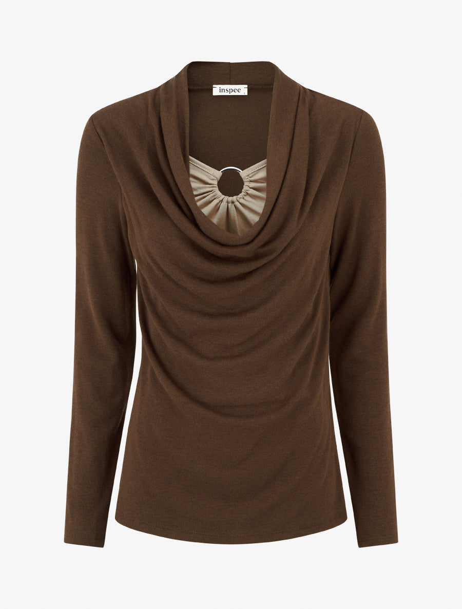 Pull droit effet doublé à col bénitier et bijou - Marron/beige - 1