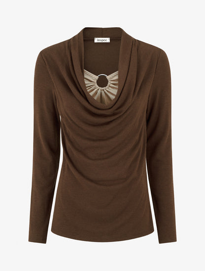 Pull droit effet doublé à col bénitier et bijou - Marron/beige - 1